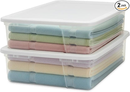 HOMZ 2-Pack Snaplock, Small Clear Plastic Storage Organizer Bins w/ Lids, 28 Quart, White - Stackable Container Boxes for Bedroom, Bathroom, Garage, and Office Organization