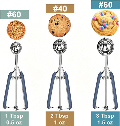 HOMURE H Cookie Scoop Set, Include 1 Tbsp/2 Tbsp/3 Tbsp, Cookie Dough Scoop, Cookie Scoops for Baking Set of 3, Mellon Baller Scoop, Dusty Blue, Non-Slip, For Cookies Cupcake Muffin Ice Cream Meatball