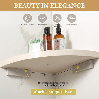 Koville 10'' Natural Marble Shower Corner Shelf for Bathroom, Wall Mounted Stone Corner Shower Caddy 1 Layer, No Drilling, Modern, Polished, Durable, Conical, Bathroom Storage - 1 Item