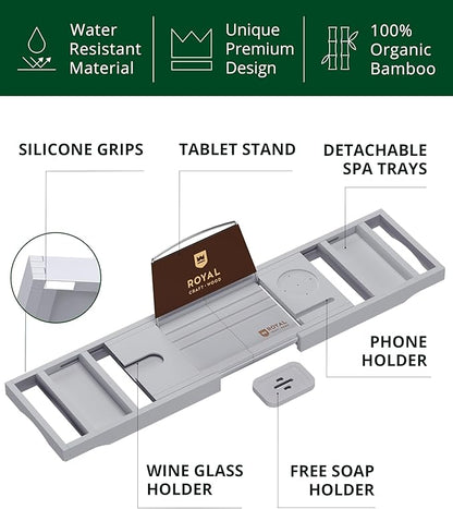 ROYAL CRAFT WOOD Premium Foldable Bathtub Tray Caddy - Wood Bath Tray for Tub, Bamboo Shelf, Expandable Bath Table Trays, Bathtub & Bathroom Accessories for New Home & Mothers, Birthday Gifts for Mom