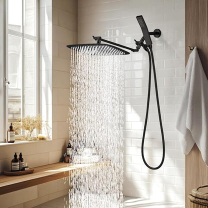 G-Promise All Metal 14 Inch Dual Square Shower Head with Handheld Spray Combo, Rain Shower Head, Adjustable Extension Arm, 3-Way Diverter, 71 Inch Extra Long Hose - A Bathroom Upgrade (Matte Black)