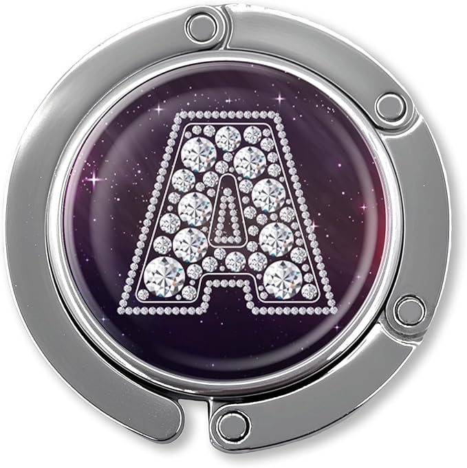 Funny Diamond Initial Purse Hook Gifts - Silver Diamond Letter A - Foldable Purse Holder for Table - Round Handbag Hanger for Women - Birthday Gifts for Family, Coworker, Friend, Boss Lady