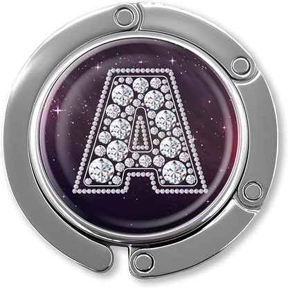 Funny Diamond Initial Purse Hook Gifts - Silver Diamond Letter A - Foldable Purse Holder for Table - Round Handbag Hanger for Women - Birthday Gifts for Family, Coworker, Friend, Boss Lady