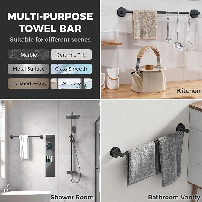 Adjustable Suction Cup Towel Bar for Bathroom Wall,17 Inch~29 Inch Towel Racks for Bathroom,Stainless Steel Bath Towel Holder for Shower(Matte Black)