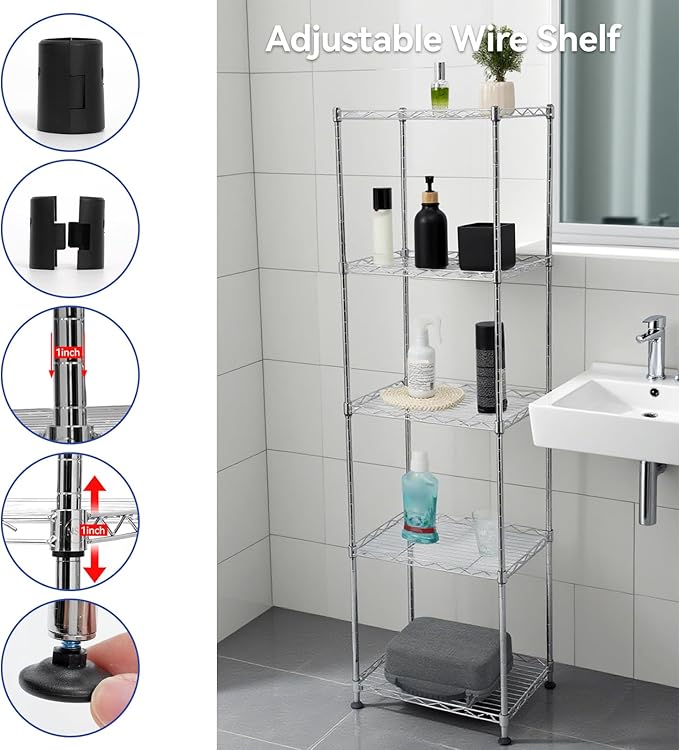 hiLISS Chrome Small 5 Tiers Wire Shelving NSF Certified. Adjustable Storage Rack for Kitchen,Garage,and Laundry Utility Room (Chrome-Small-5Tiers-16x12x55)