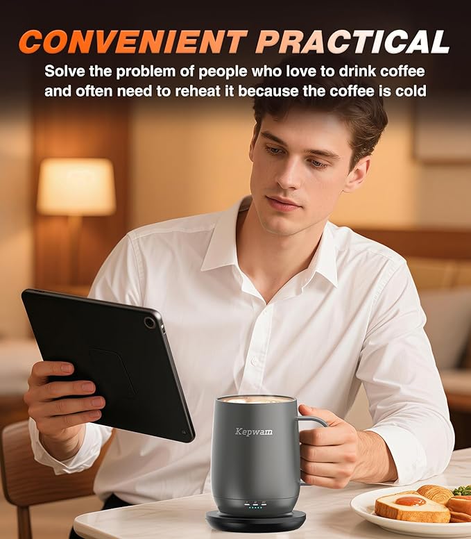 Kepwam Self Heating Coffee Mug T2, 16oz Smart Heated Coffee Mug, 150 Min Battery Life - Hot up to 149℉ Temperature Control Coffee Mug Warmer, Gifts for Dad Mom (No APP)