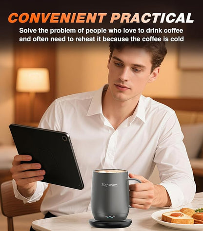 Kepwam Self Heating Coffee Mug T2, 16oz Smart Heated Coffee Mug, 150 Min Battery Life - Hot up to 149℉ Temperature Control Coffee Mug Warmer, Gifts for Dad Mom (No APP)