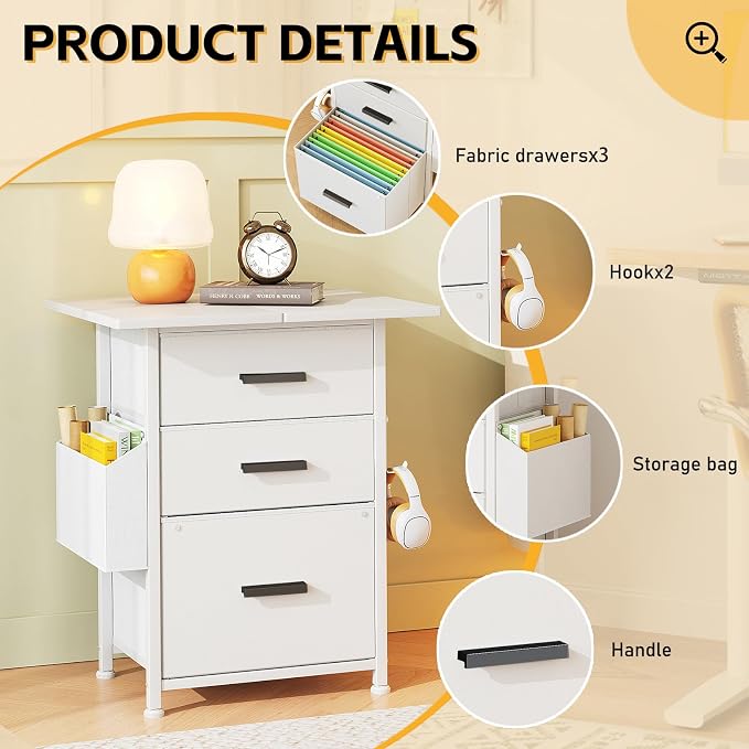 Mexin 3 Drawer File Cabinet with 22'' Extended Desktop, Mobile Filing Cabinet, Printer Stand, Rolling Printer Stand with Side Bag, Fabric Drawer, Fits A4 Size, Home Office, White