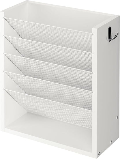 Creso hom Mail Organizer Wall Mounted, 6-Tier Wall File Organizer with 2 Hooks, Wooden Desk Organizer Magazine Holder with Bottom Flat Tray, for Office Home, White