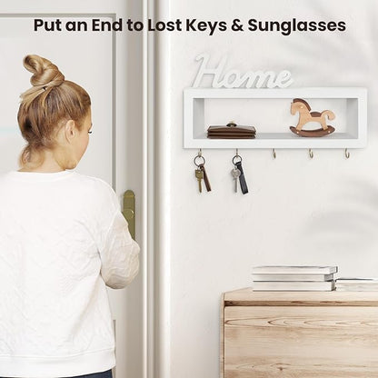 Wall Shelf with Hooks - Decorative Key and Wallet Holder for Wall Holds Sunglasses, Leashes, Scarves and Lanyards - 15.7" x 5.1" x 2.9" Entryway Organizer Made of Paulownia Wood (White)