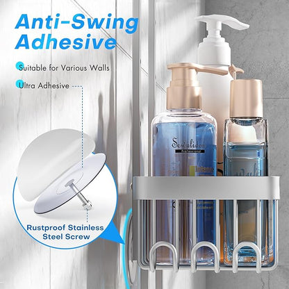 Aluminum Alloy Hanging Shower Caddy for Handheld Shower Heads,Rustproof Hose Shower Organizer 4 Levels Height Adjustable Shower Rack with Hooks,Razor Holder,Soap Holder