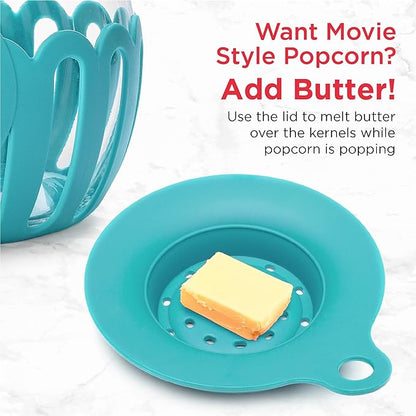 Ecolution Patented Micro-Pop Microwave Popcorn Popper with Temperature Safe Glass, 3-in-1 Lid Measures Kernels and Melts Butter, Made Without BPA, Dishwasher Safe, 1.5-Quart, Teal