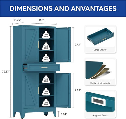 COFaR 71 in Tall Kitchen Pantry Cabinet, Metal Pantry Storage Cabinet with 4 Adjustable Shelves and 4 Barn Doors, Freestanding Farmhouse Food Cupboard for Dining Room, Peacock Blue 6-Tier