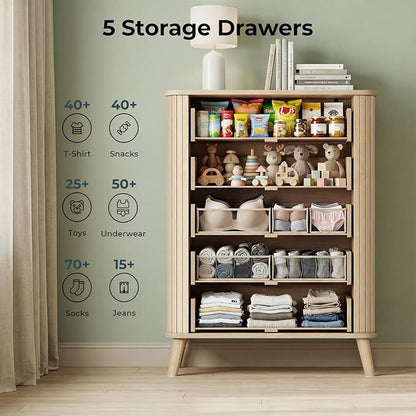 ADORNEVE Fluted Dresser for Bedroom,Tall Modern Chest of Drawers with 5 Drawers, Vertical Dressers,Wood Closet Clothes Storage Organizer for Living Room, Hallway, Natural Oak