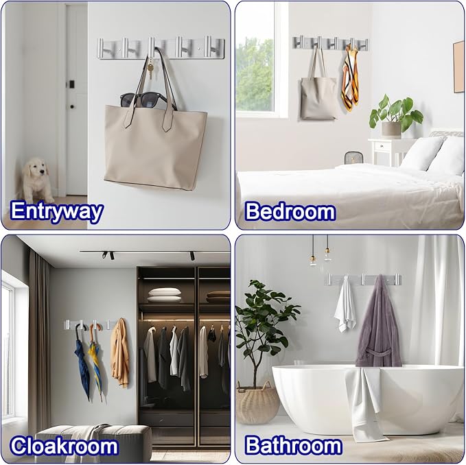 Bntuk Coat Rack Wall Mount - 5 Hat and Coat Hooks, Heavy Duty Towel Racks for Bathroom Entryway, Wall Hooks for Hanging Robes Bags Scarves Belts, Hat Rack Key Hanger Organizer (Silver)