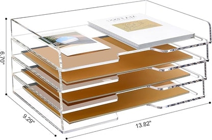 SANRUI Clear Acrylic Paper Tray, 4 Tier Stackable Letter Tray Desk Organizer with Curved Design, Oversized Document File Holder for Home Office Classroom Desktop Storage