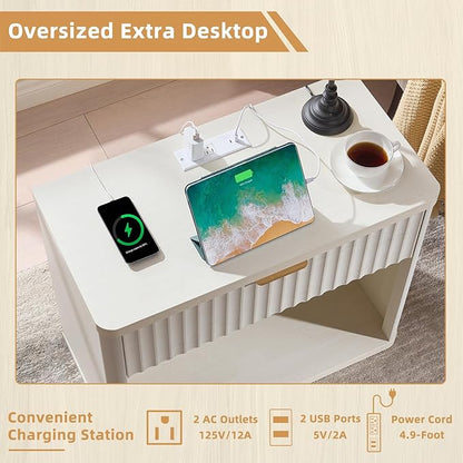 LEYAOYAO 31" Wide Fluted Nightstand with Charging Station, Oversized Extra Large 1 Drawer Night Stand with Golden Handle, White Wood Bedside Table Tall End Tables,for Bedroom, Living Room, Hallway