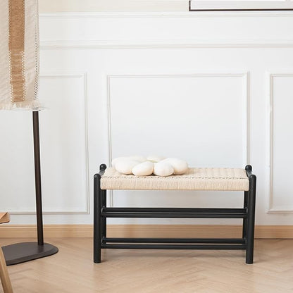 Solid Wood Entryway Bench with Shoe Storage, Rustic Oak Wood and Woven Design 31.5 Inch Long Seating for Living and Dining Rooms, 3-Tier Black
