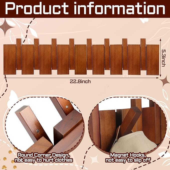 Youyole 8 Hooks Mid Century Modern Wooden Coat Hooks Wood Color Wall Mounted Folding Coat Rack Hanger Heavy Duty Flip Down Piano Hat Rack for Hanging Coats Hats Home