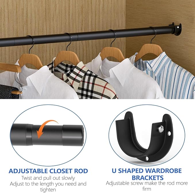 SUTINE Closet Rods for Hanging Clothes, 17 to 83 Inch Closet Rod, Heavy Duty Adjustable Clothes Hanging Bar Rod Matte Black Closet Poles for Wardrobes, Closet, Bathroom, Windows,1.3 Inch Diameter