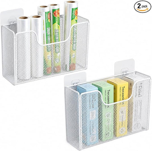 2 Pack Aluminum Foil Organizer, Kitchen Wrap Organizer for Plastic Wrap, Foil, Wax Paper and Food Storage Bags, Wall Mounted Iron Wire Rack for Cabinet Door, Pantry and Kitchen Storage