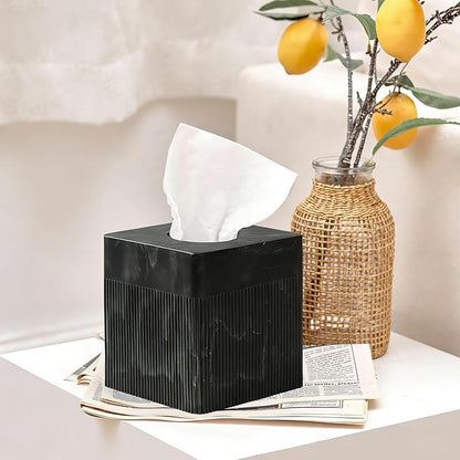Tissue Box Cover Square Resin Tissue Holder for Home Decor, Hand Poured Marble Tissue Box Holder, 5 x 5 x 5.5 inches, Black