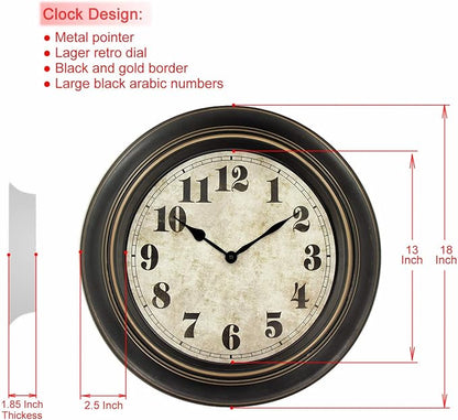 45MinST 18 Inches Retro Wall Clock, Silent Non Ticking Battery Operated Movement, Home/Wall Decor, Easy to Read, Decorate Bedroom/Living Room/Office