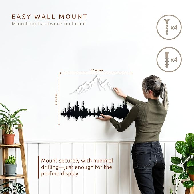 Wita Home Mountain and Forest Metal Wall Art, Wall Mounted Home Decor, Pine Trees and Nature Wall Art for Living Room, Bedroom or Office, Large Outdoor Wall Decor, Nature Christmas Decor (White Mountain-Black Forest, 32x21 inches)