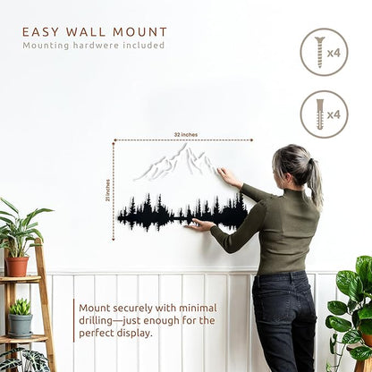 Wita Home Mountain and Forest Metal Wall Art, Wall Mounted Home Decor, Pine Trees and Nature Wall Art for Living Room, Bedroom or Office, Large Outdoor Wall Decor, Nature Christmas Decor (White Mountain-Black Forest, 32x21 inches)