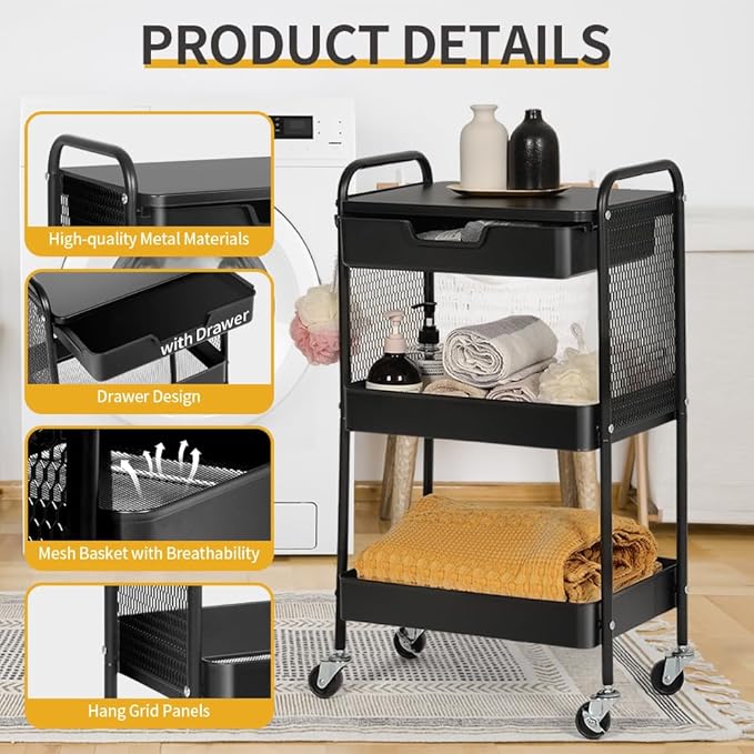 CRUDATE 3-Tier Rolling Cart with Drawer, Metal Utility Storage Cart Organizer with Lockable Wheels&Hanging Cups&Hooks, Mobile Storage Craft Carts Trolley with Mesh Shelves for Kitchen, Office-Black