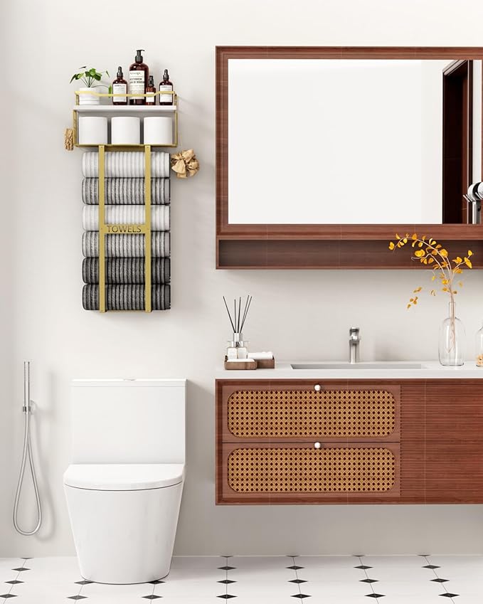 Aetyord Towel Racks for Bathroom - Wall Mounted Metal Rack with Wood Plank, Bathroom Storage Organizer, Towel Holder Stores 6 Large Rolled Towels Easily, Gold and Size XL 31"