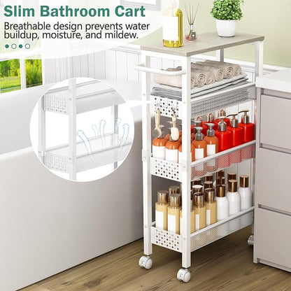 Vivihomety Utility Slim Storage Cart, 4 Tier Small Rolling Kitchen Laundry Room Cart with Wood Top, Metal Bathroom Storage Cabinet Mobile Shelf Unit Organizer Trolley with Handle for Narrow Space