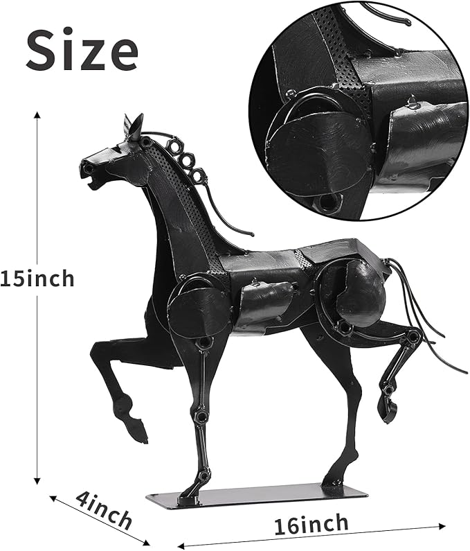 Metal Horse Statue - Rustic Handmade Western Decor - 100% Hand-Painted Horse Figurines for Office & Home - Black