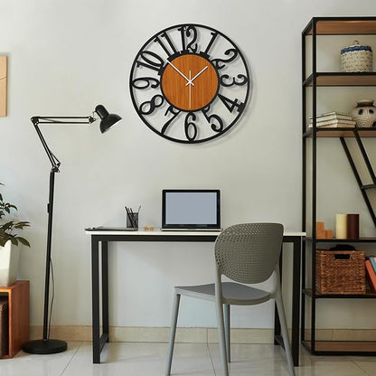 Maxstar Large Round Wall Clock for Living Room Decor Battery Operated Non Ticking Black Metal Wood Clocks for Home Living Room Garden Office Kitchen Decoration -24 inch