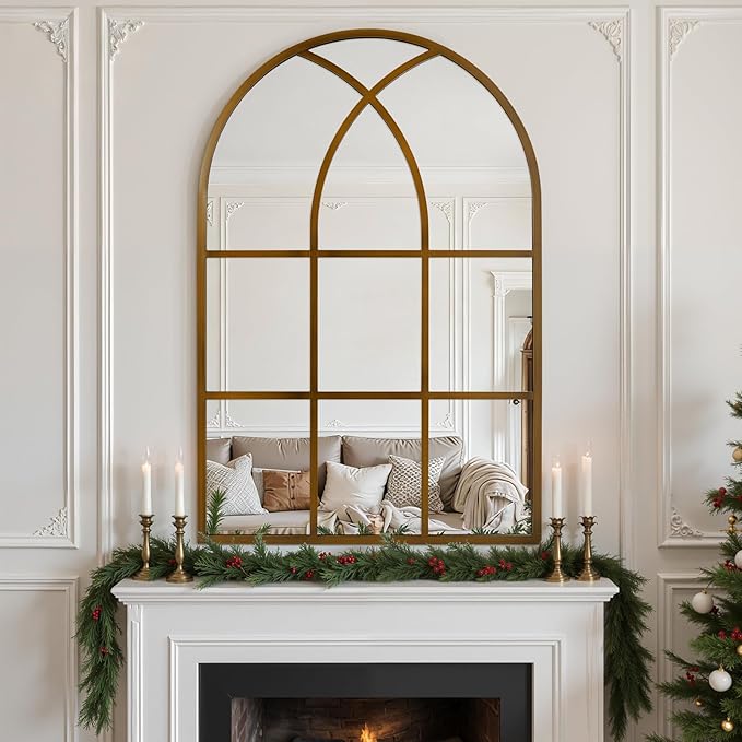 Arched Window pane Wall Mirror 30"x48", Window Shaped Farmhouse Style with Aluminum Frame, Decorative Wall Mirror Leaning Hanging for Living Room, Courtyard, Bedroom, Entryway, Bronze