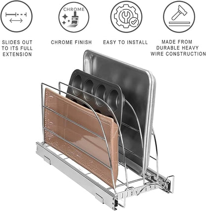 HOLDN’ STORAGE Pull Out Organizer for Bakeware, Cutting Board and Trays, Adjustable Dividers - Heavy Duty, Lifetime Limited Warranty - For Narrow Cabinet Spaces, 10.5”W x 21”D x 11”H, Chrome