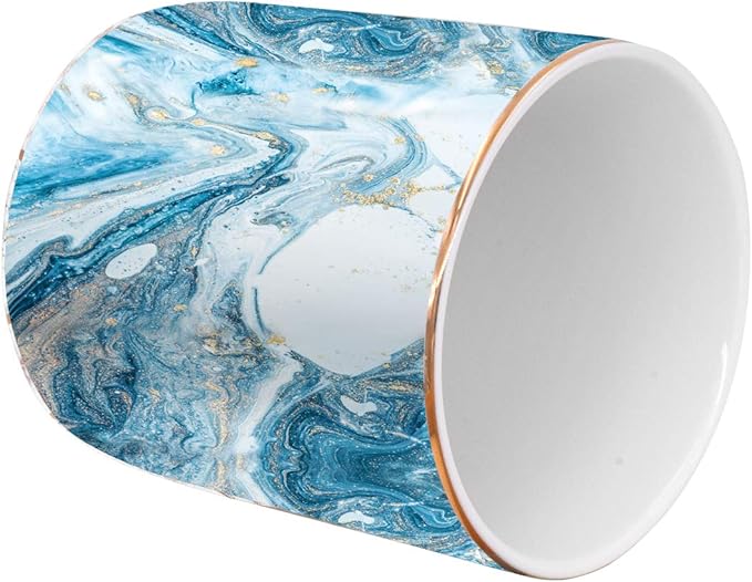 WAVEYU Pen Pencil Holder for Desk, Marble Desk Decor Organizer, Durable Ceramic Pencil Cup Holder Marble Design Makeup Cups for Brushes for Office, Classroom, Blue