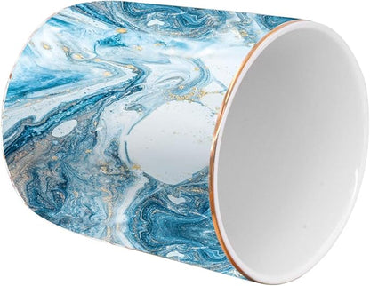 WAVEYU Pen Pencil Holder for Desk, Marble Desk Decor Organizer, Durable Ceramic Pencil Cup Holder Marble Design Makeup Cups for Brushes for Office, Classroom, Blue