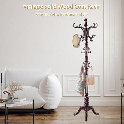 ZOZOE Wooden Classic Coat Rack Stand, Solid Wood Coat Rack Freestanding with 14 Hooks, Vintage Coat Racks with Sturdy Triangle Base, Natural Birch Wood Coat Clothes Tree Stand for Entryway Hallway