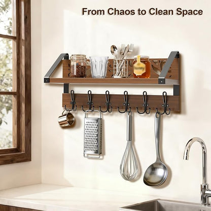 WGFKVAS 2 in 1 Coat Rack Wall Mount with Shelf and 6-Double Hook Wall Hooks with Shelf, Rustic Brown 15" Wood Organizer for Entryway, Living Room, Bedroom, Hallway