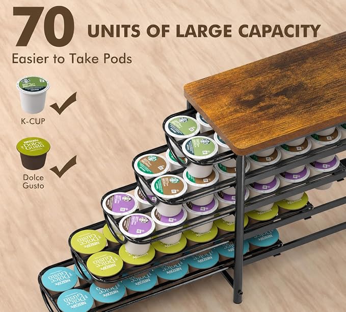 HFHOME Coffee Pod Holder with Wooden Top, Compatible with K-Cups, 5-Tier Coffee Capsule Storage Drawer, 70 Capacity Pods Organizer with 3 Mug Holders, for Home, Office, Kitchen Counter, Black