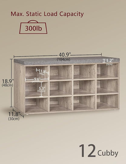 DINZI LVJ Shoe Storage Bench with Cushion, Cubby Rack with 12 Cubbies, Adjustable Shelves, Multifunctional Organizer Bench for Entryway, Mudroom, Hallway, Closet and Garage, Greige