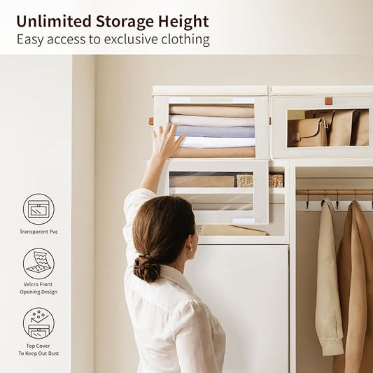 Homsorout Large Closet Storage Organizer - Clothes Storage Bins with Handles & Window, Collapsible Decorative Boxes with Lids, Fabric Containers for Living Room, Dorm, 2 Pack, Beige
