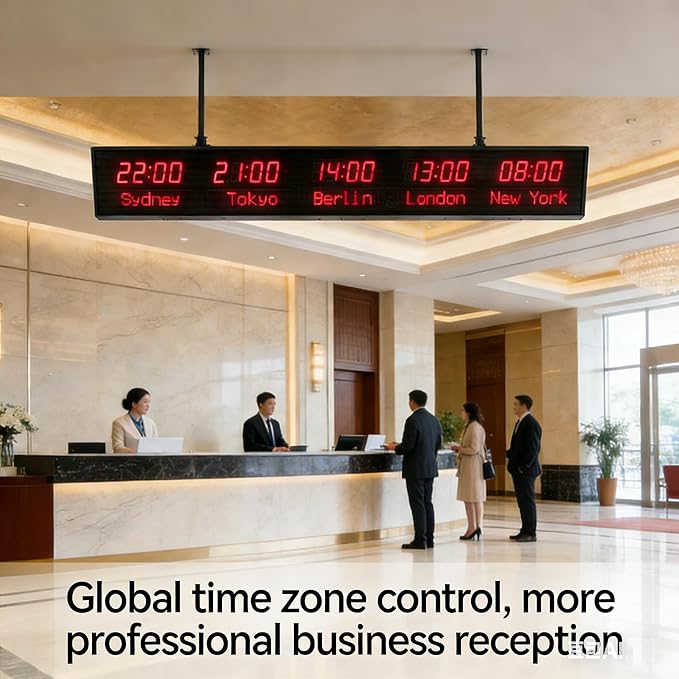 LED World Clock 5 Time Zones - WiFi Auto-Sync Digital Wall Clock with 3-Level Brightness, Ultra-Clear Wide Viewing Angle, All-Aluminum Housing for Multinational Enterprises, Hotels & Offices