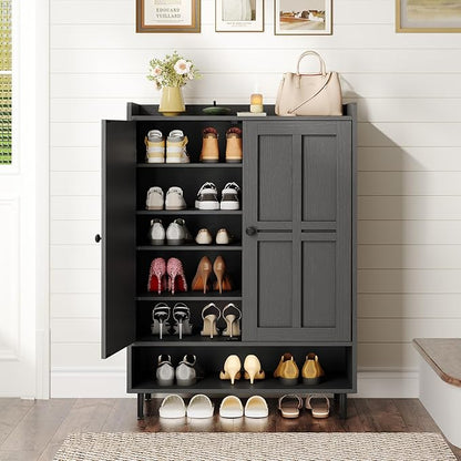 ONBRILL Shoe Cabinet with Cross Molding Doors, 6-Tier Shoe Storage Cabinet with 3 Adjustable Shelves and Metal Legs, 45'' Tall Shoes Rack Organizer Cabinet for Entryway, Front Door, Black
