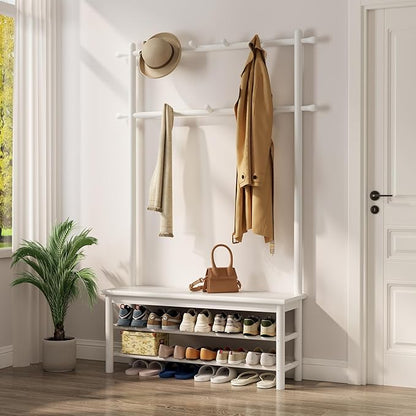 AQIMUELE Coat Rack with Shoe Storage, Wooden Hall Tree with Bench, 11 Hooks and 2-Tier Storage Shelves, 3-in-1, Entryway Bench with Coat Rack (39.3"-Deep White)