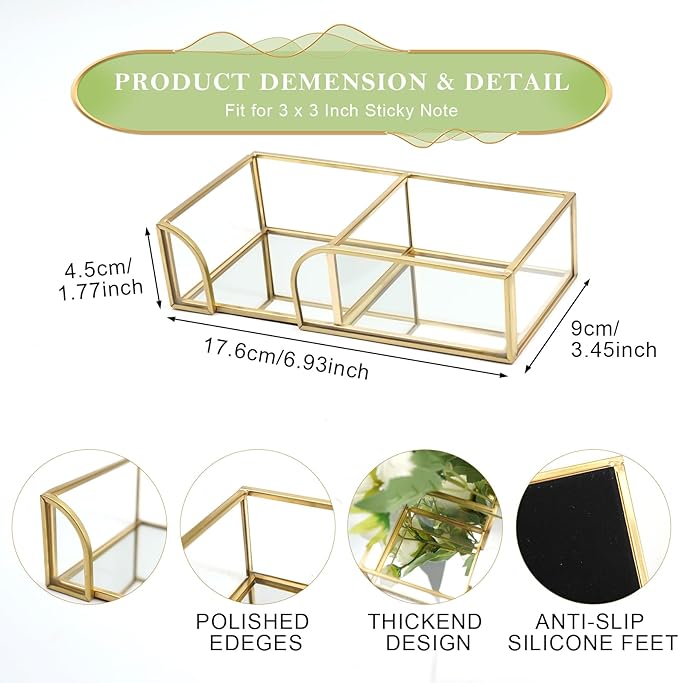 Glass Sticky Note Holder,2 Slots Gold Post It Note Dispenser for Desk,3 x 3 Inch Post It Note Holder, Stylish Sticky Note Dispenser for Home Office Desk Table Drawer