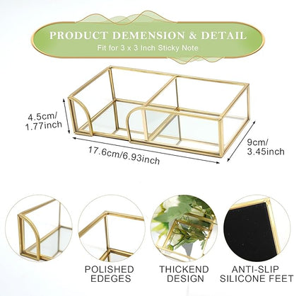 Glass Sticky Note Holder,2 Slots Gold Post It Note Dispenser for Desk,3 x 3 Inch Post It Note Holder, Stylish Sticky Note Dispenser for Home Office Desk Table Drawer