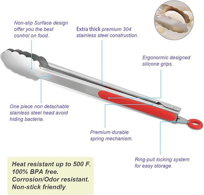 304 Stainless Steel Kitchen Cooking Tongs, 12" and 14" Set of 2 Sturdy Grilling Barbeque Brushed Locking Food Tongs with Ergonomic Grip, Red