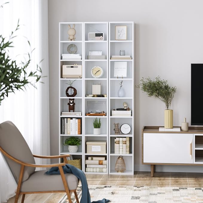 FOTOSOK White Bookshelf 8-Tier Narrow Bookshelf, 11.6 X 9.3 X 70.9 Tall CD DVD Media Tower Rack with 4 Adjustable Shelves, Tall Narrow Bookcase Slim Display Bookshelf with Cube Storage for Home Office